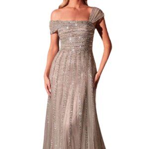 NWT Ladivine CD0238 Shimmer Prom Dress Silver Nude 10